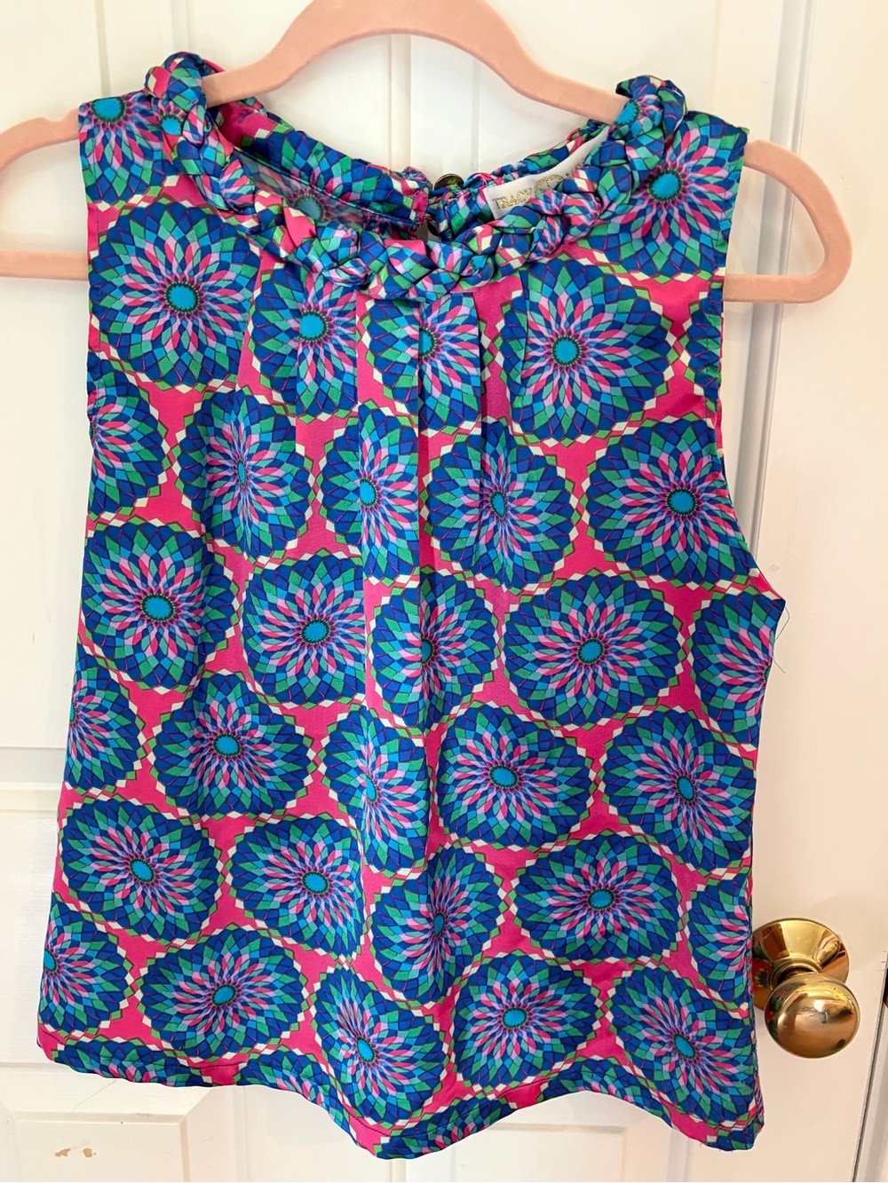 Tracy Negoshian Pink, Blue & Green Geometric Medallion Sleeveless Top